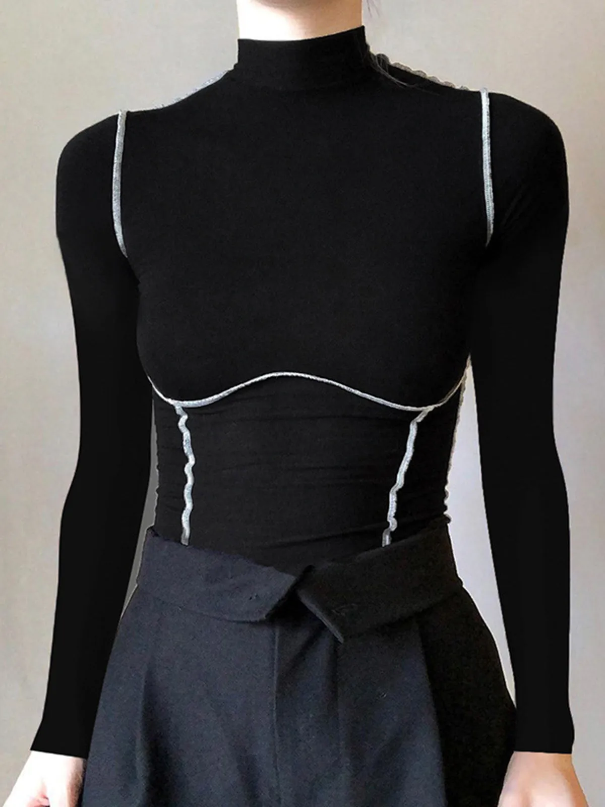 Contrast Trim Mock Neck Long Sleeve Top sold by COMMENSE product image thumbnail 3