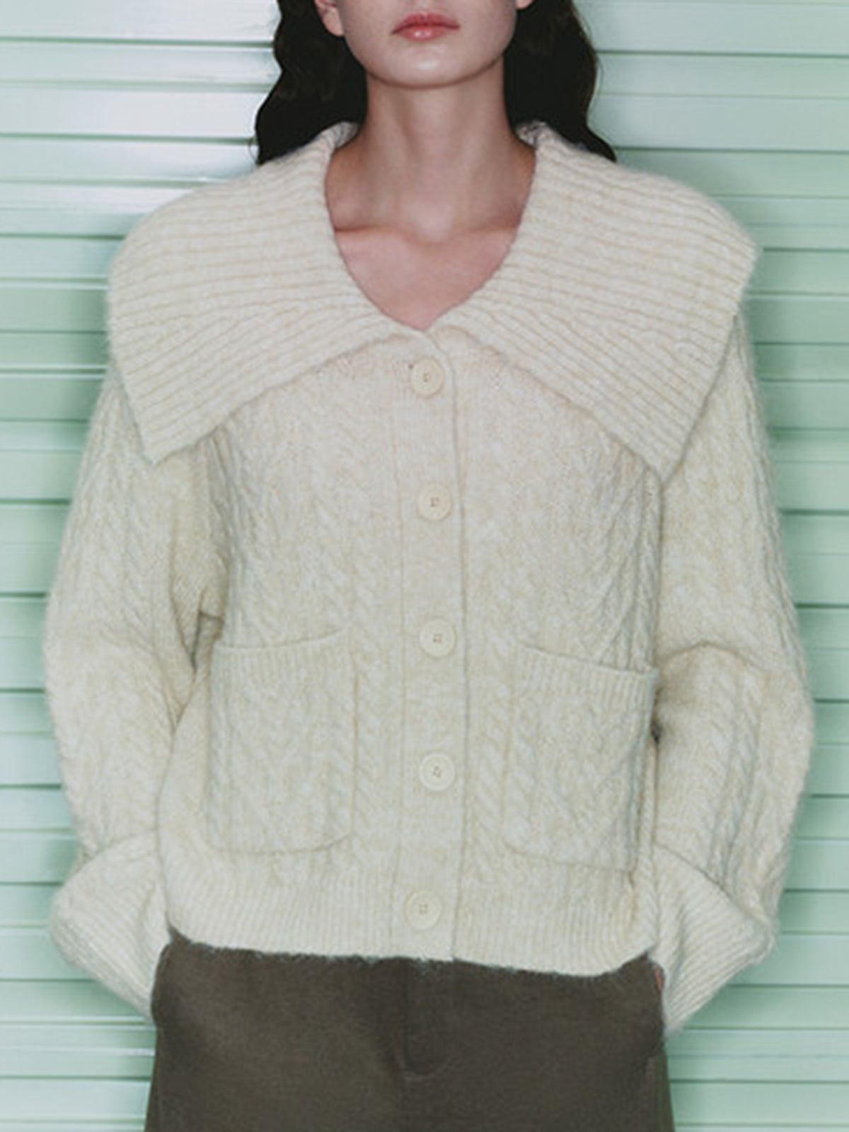 Button Up Cable Knit Collared Cardigan sold by COMMENSE product image thumbnail 3