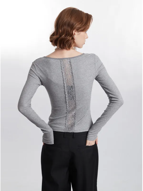 Ribbed Panel Lace Slim Blouse sold by COMMENSE