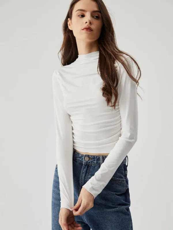 Semi-sheer Ruched Mock Neck Long Sleeve Crop Top sold by COMMENSE
