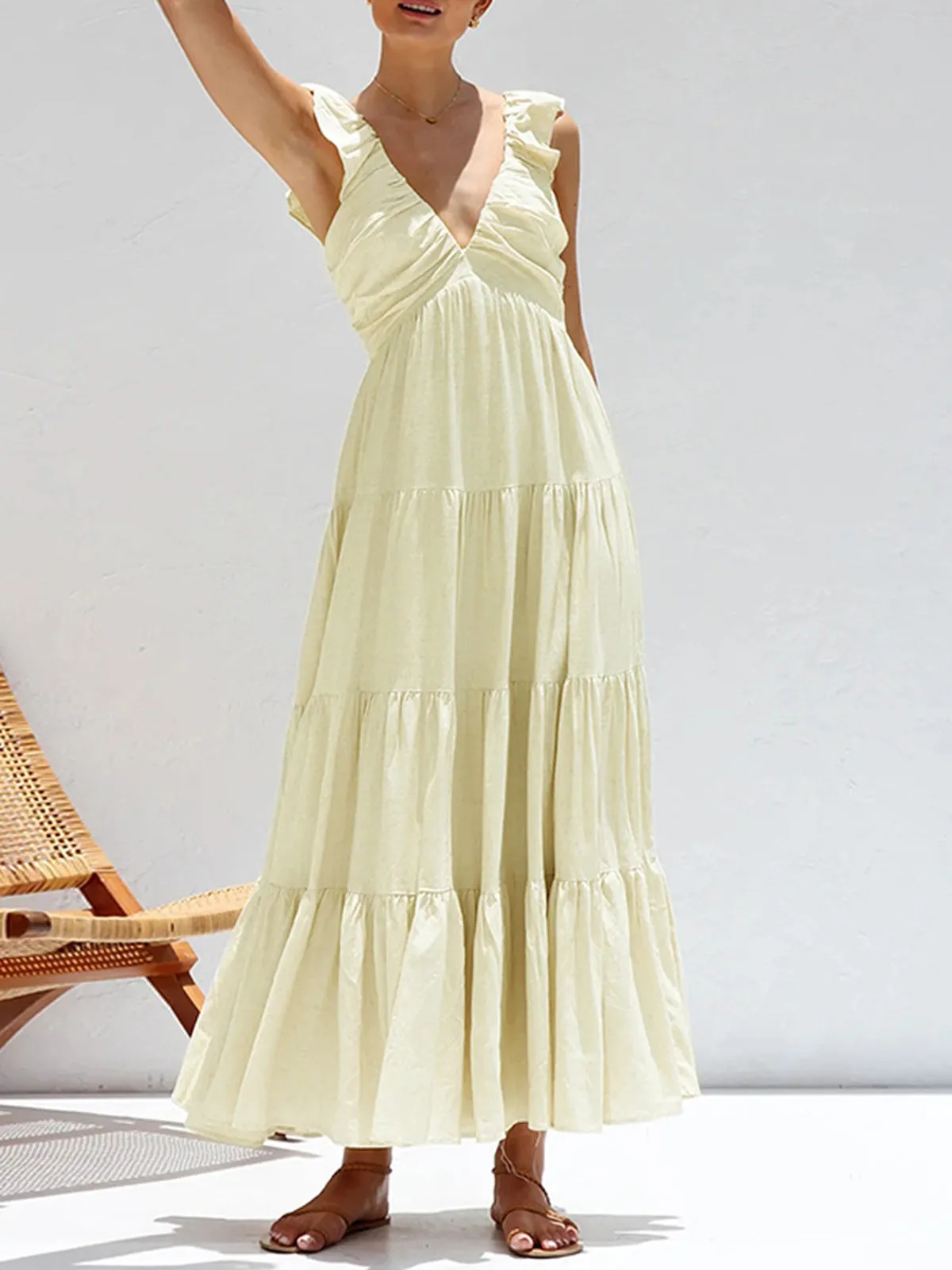 Ruffle Shouder V Neck Tiered Long Dress sold by COMMENSE product image thumbnail 3