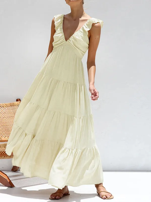 Ruffle Shouder V Neck Tiered Long Dress sold by COMMENSE