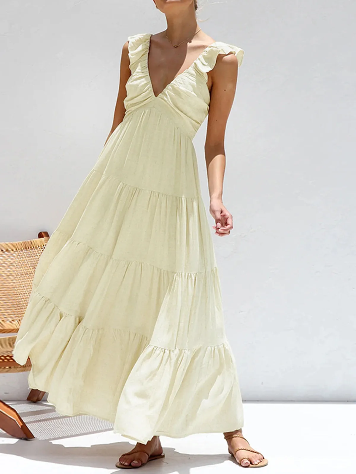 Ruffle Shouder V Neck Tiered Long Dress sold by COMMENSE