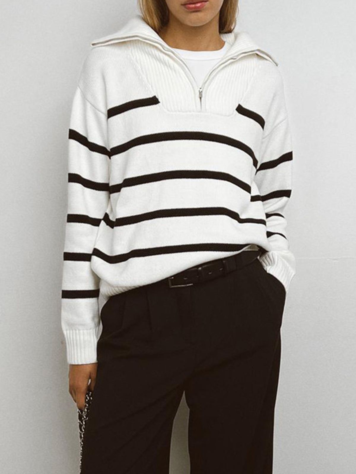 Stripe Collared Zippered Pullover Sweater sold by COMMENSE product image thumbnail 4