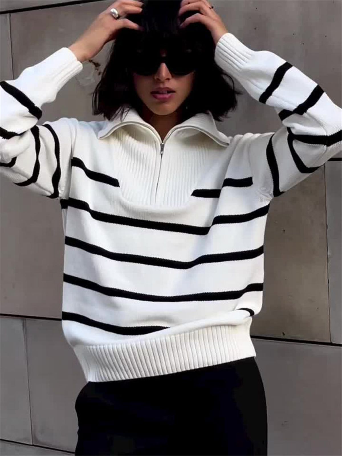 Stripe Collared Zippered Pullover Sweater sold by COMMENSE