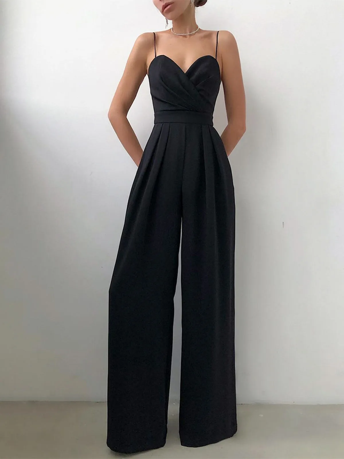 Satin Sweetheart Pleated Cami Jumpsuit sold by COMMENSE