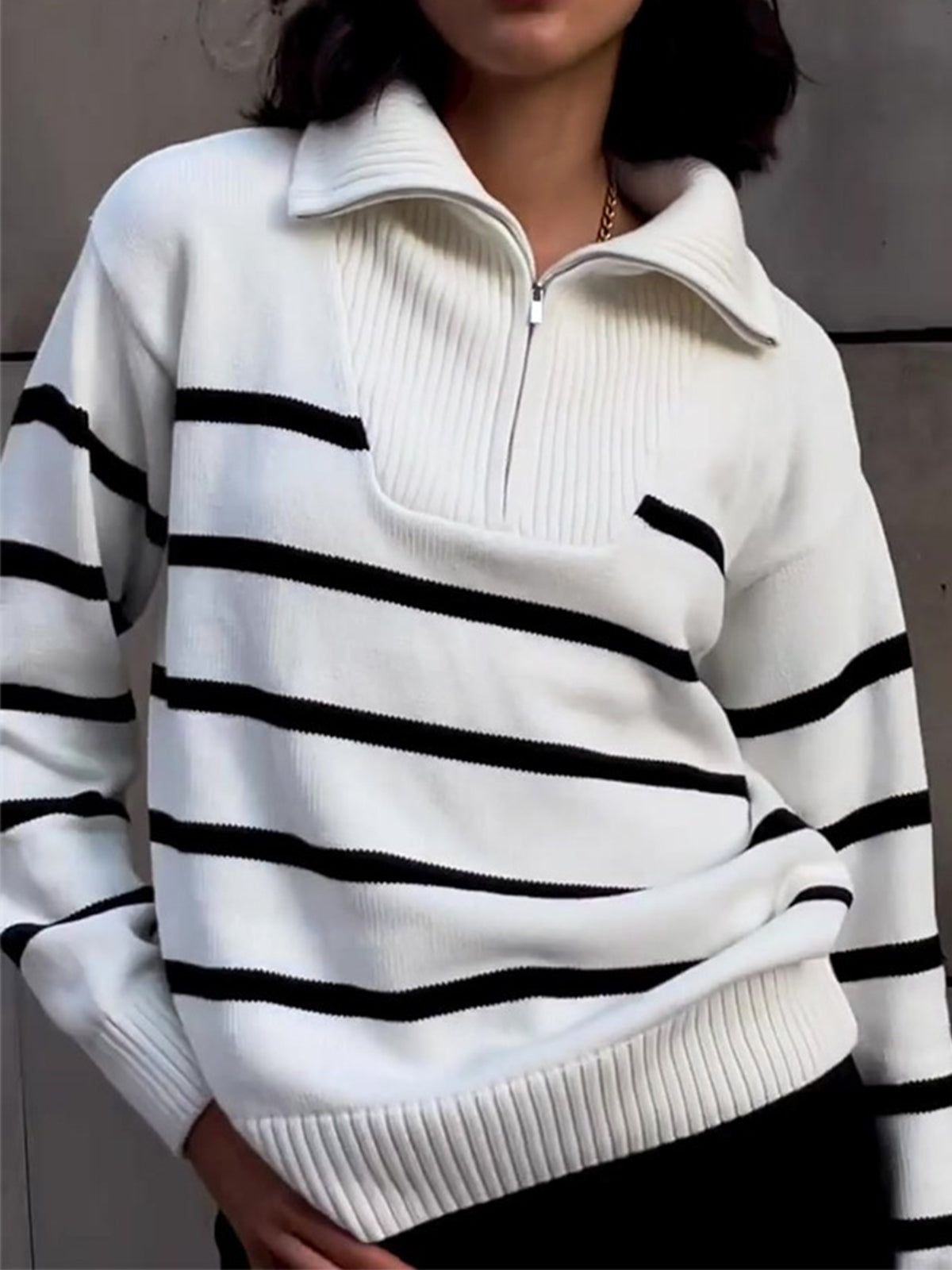 Stripe Collared Zippered Pullover Sweater sold by COMMENSE product image thumbnail 2