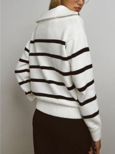 Stripe Collared Zippered Pullover Sweater sold by COMMENSE