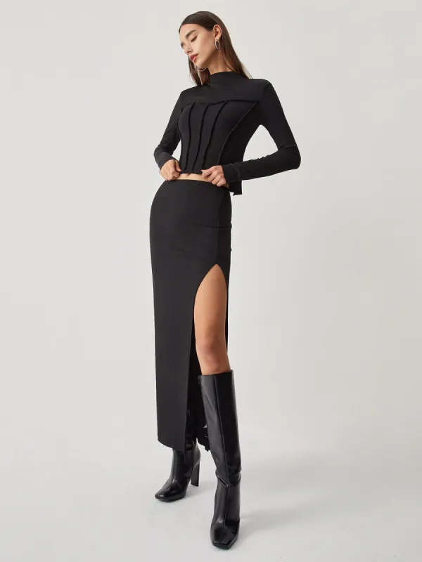 Mock Neck Piping Long Sleeve Top With Matching Skirt sold by COMMENSE