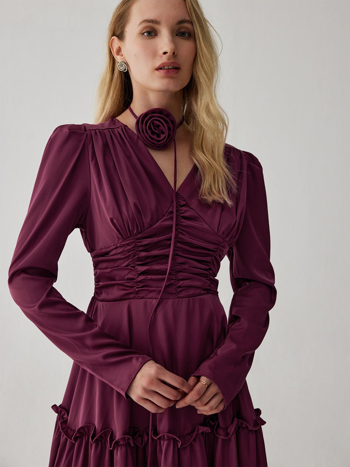 Ruched Pleated V-neck Midi Dress sold by COMMENSE product image thumbnail 5