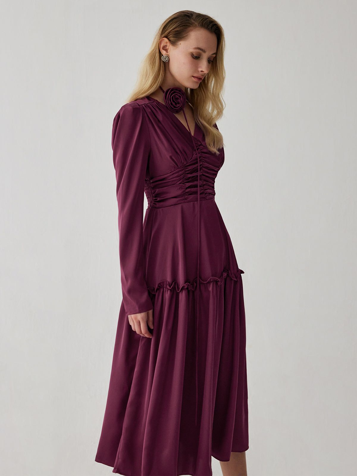 Ruched Pleated V-neck Midi Dress sold by COMMENSE product image thumbnail 2