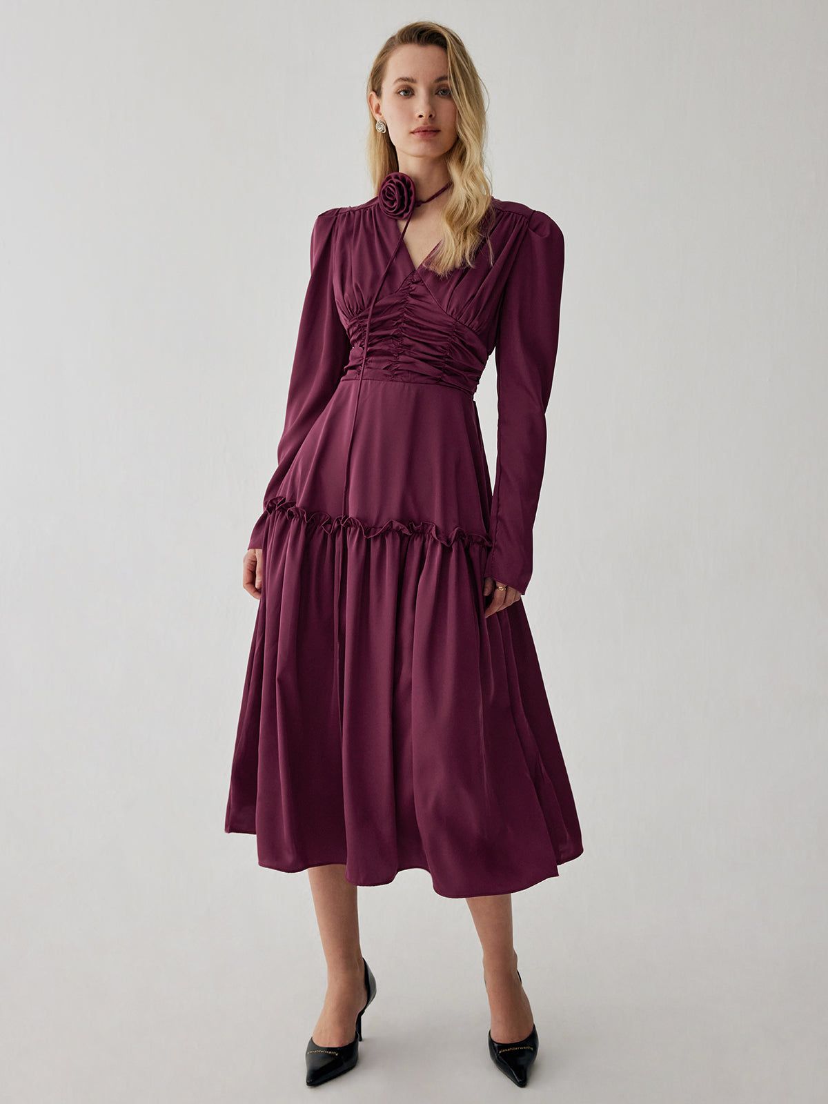 Ruched Pleated V-neck Midi Dress sold by COMMENSE product image thumbnail 3