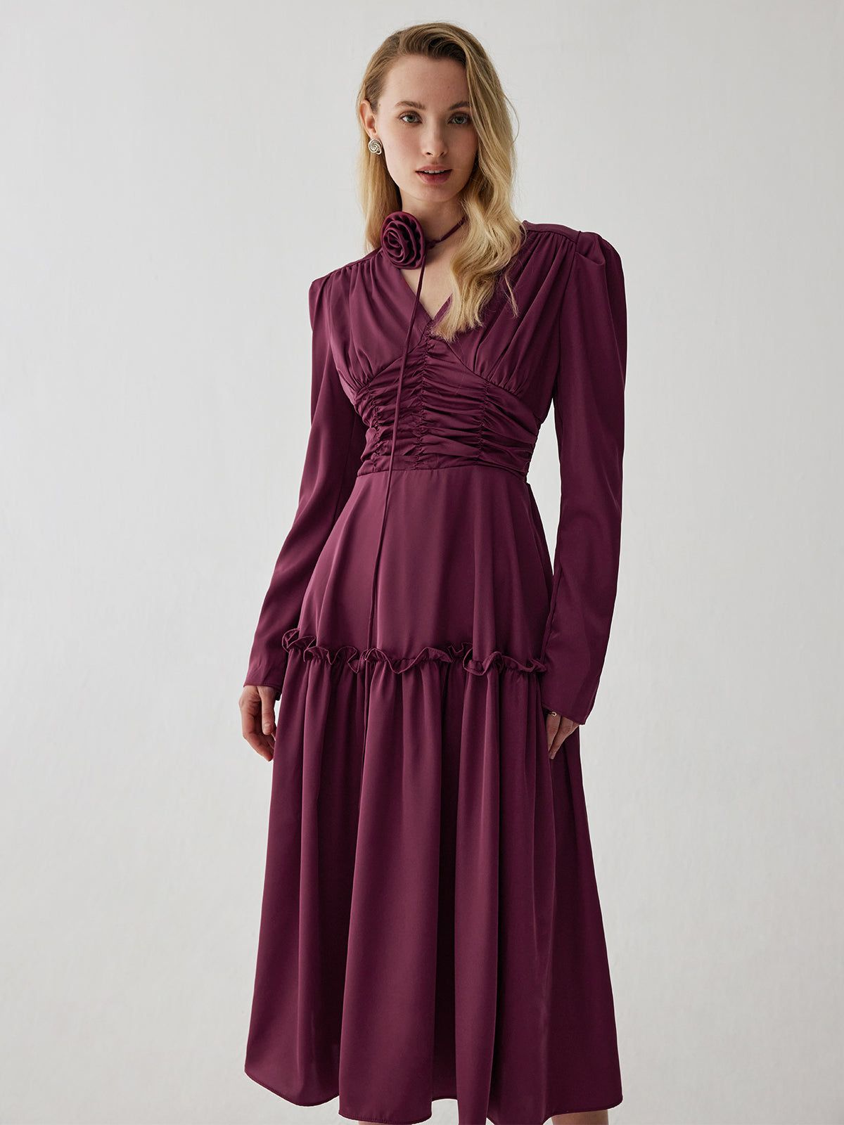 Ruched Pleated V-neck Midi Dress sold by COMMENSE