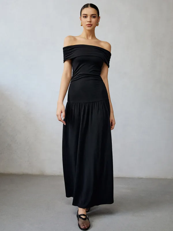 Off Shoulder Paneled Long Dress sold by COMMENSE