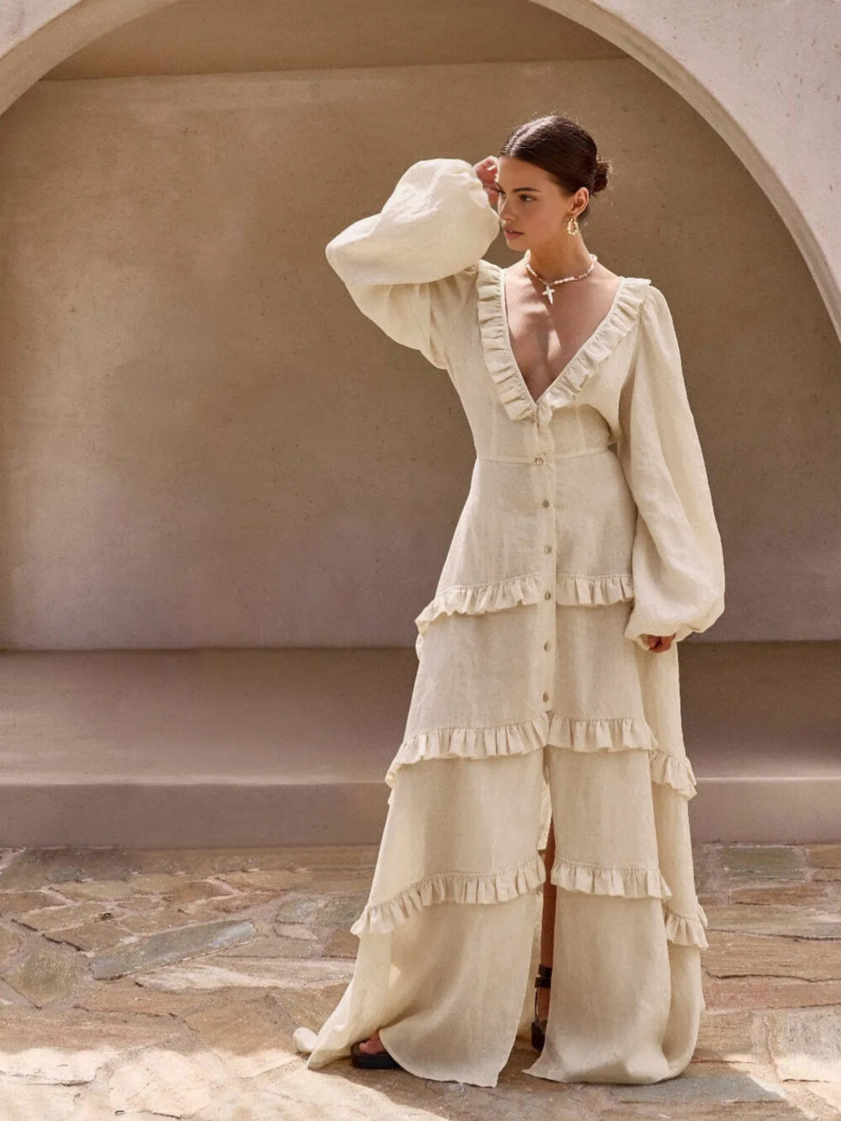 Cotton & Linen Semi-Sheer Ruffle Trim Long Dress sold by COMMENSE product image thumbnail 2