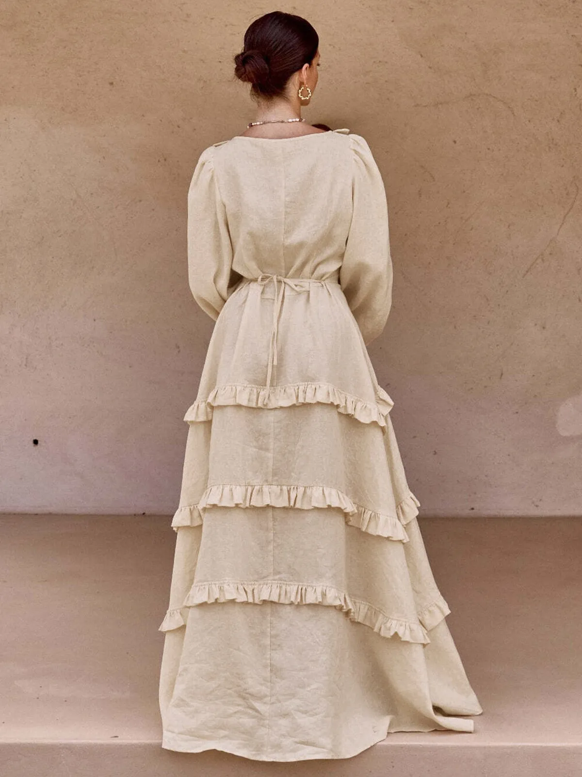 Cotton & Linen Semi-Sheer Ruffle Trim Long Dress sold by COMMENSE product image thumbnail 3