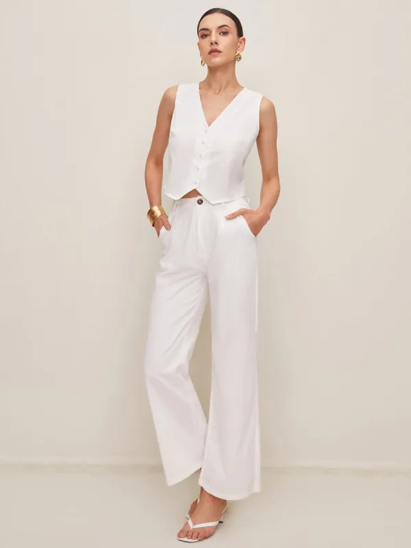 Button Down V-Neck Vest With Straight Leg Pants Set sold by COMMENSE