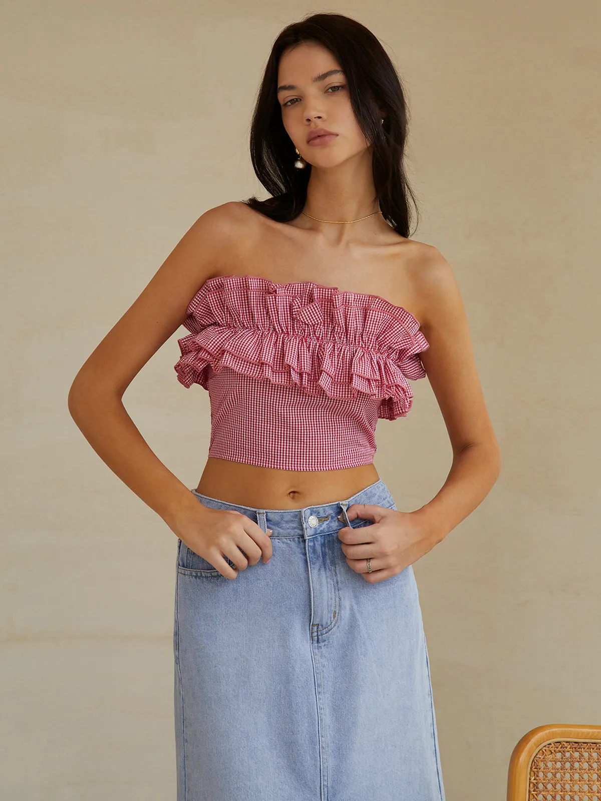 Shirred Gingham Tube Top sold by COMMENSE