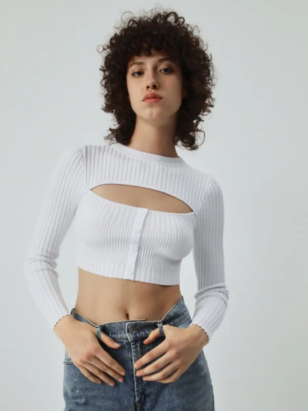 Cutout Button Up Long Sleeve Crop Knit Top made by COMMENSE