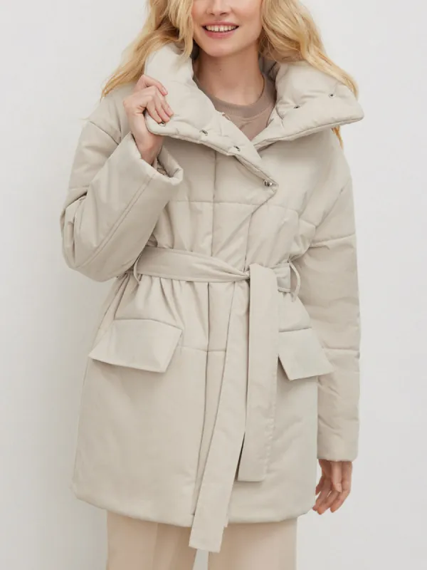 Stand Collar Tie Front Quilted Puffer Coat sold by COMMENSE