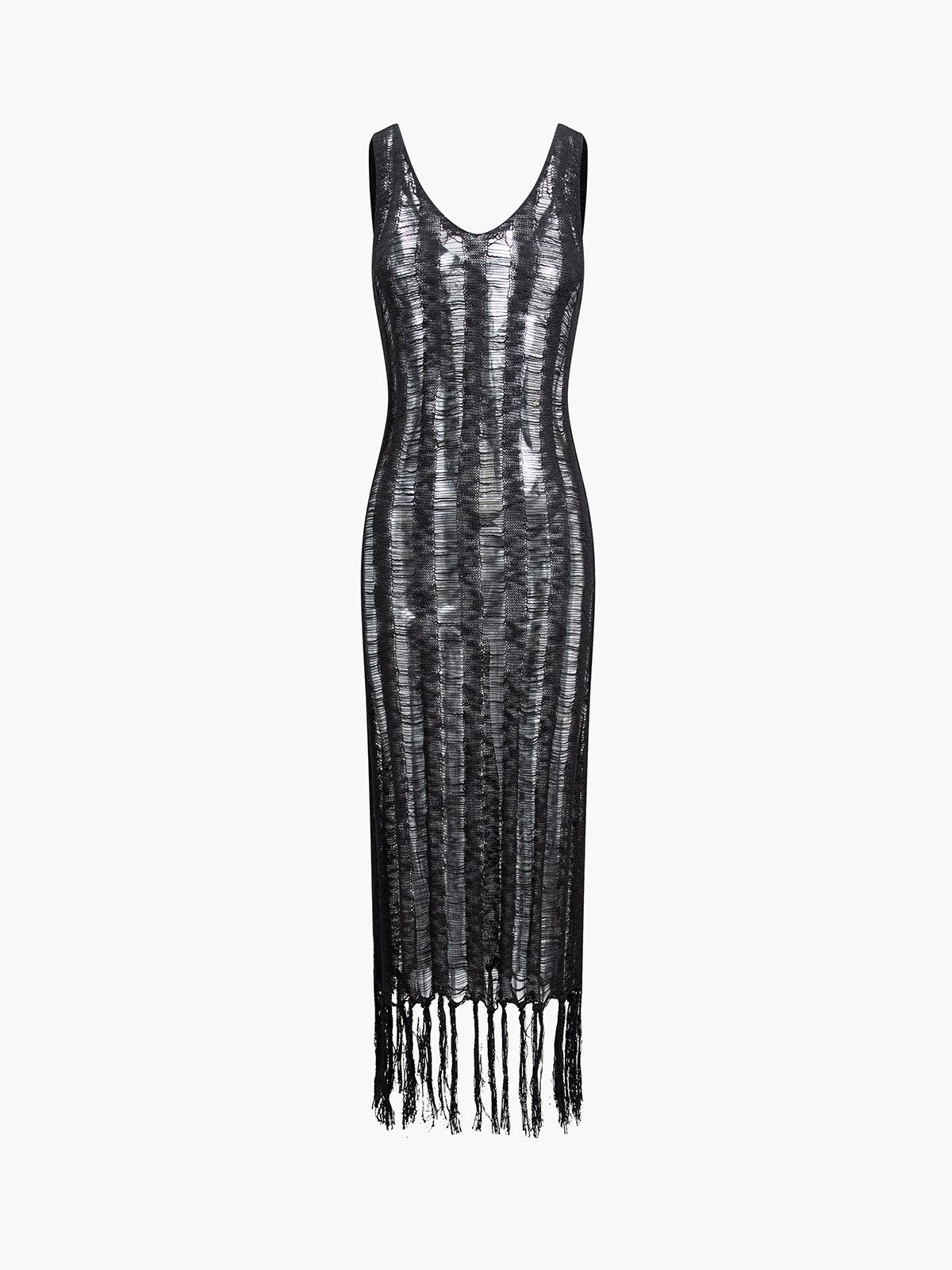 Fringed Open Knit Long Dress sold by COMMENSE