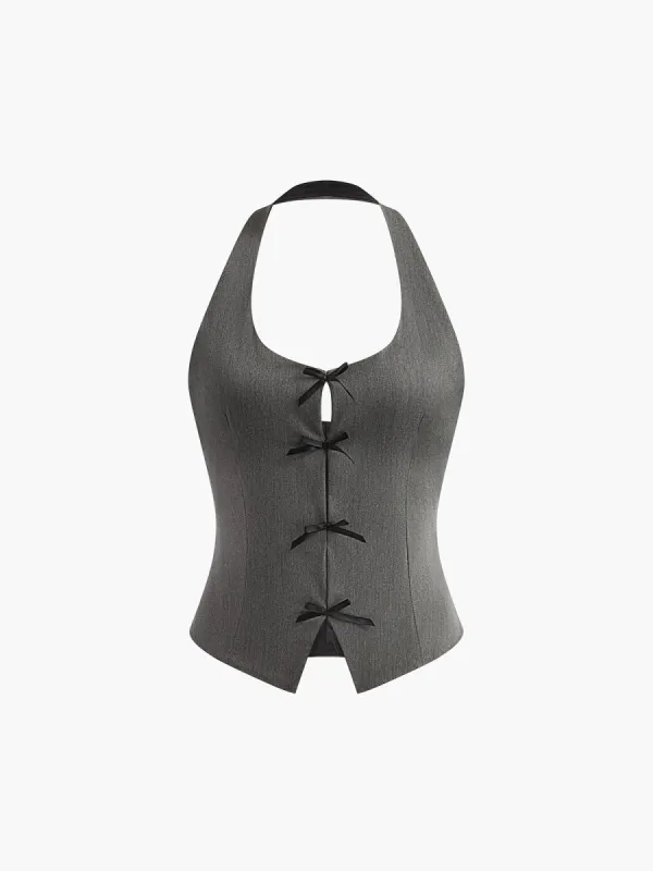 Bow Detail Halter Crop Tank Top made by COMMENSE