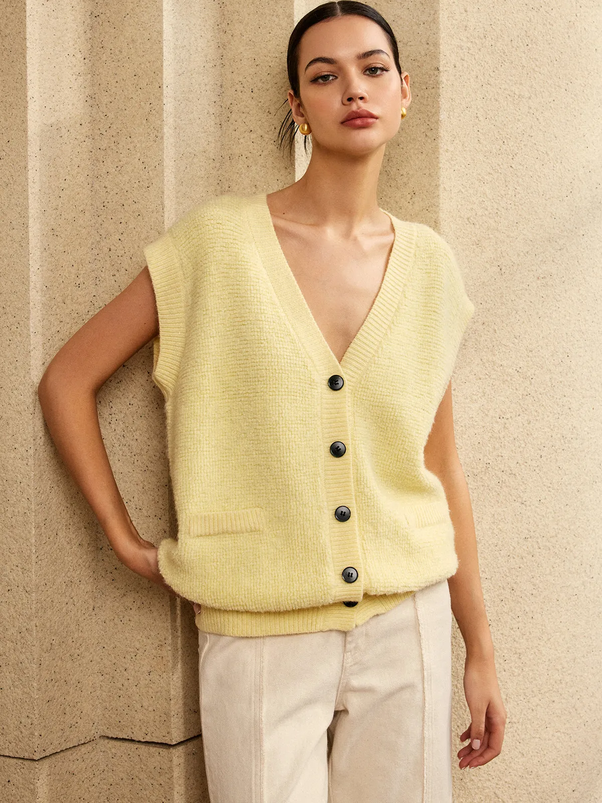 Button V-Neck Sweater Vest sold by COMMENSE