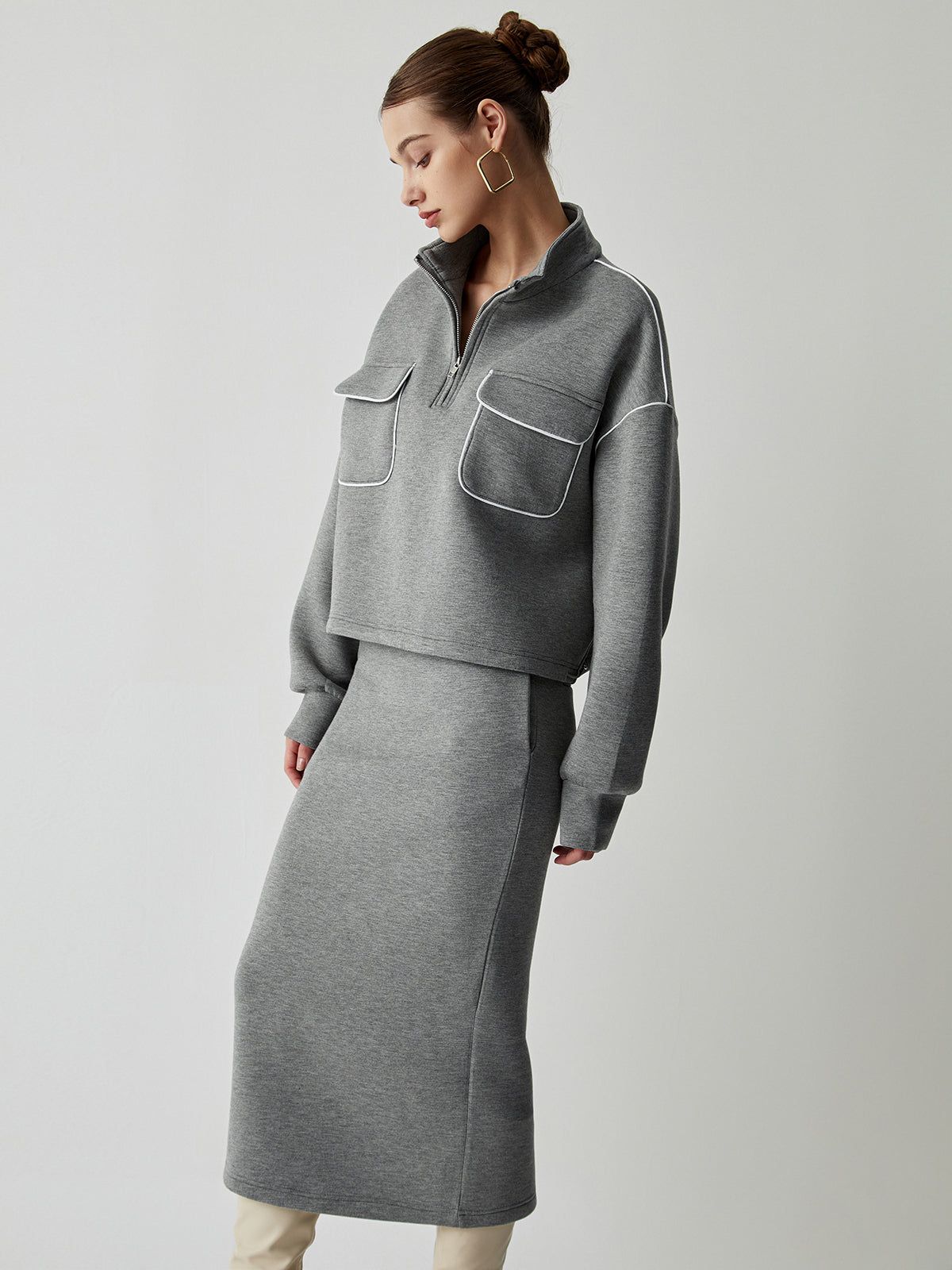 Stand Collar Half Zip Oversized Top With Matching Midi Skirt sold by COMMENSE product image thumbnail 4