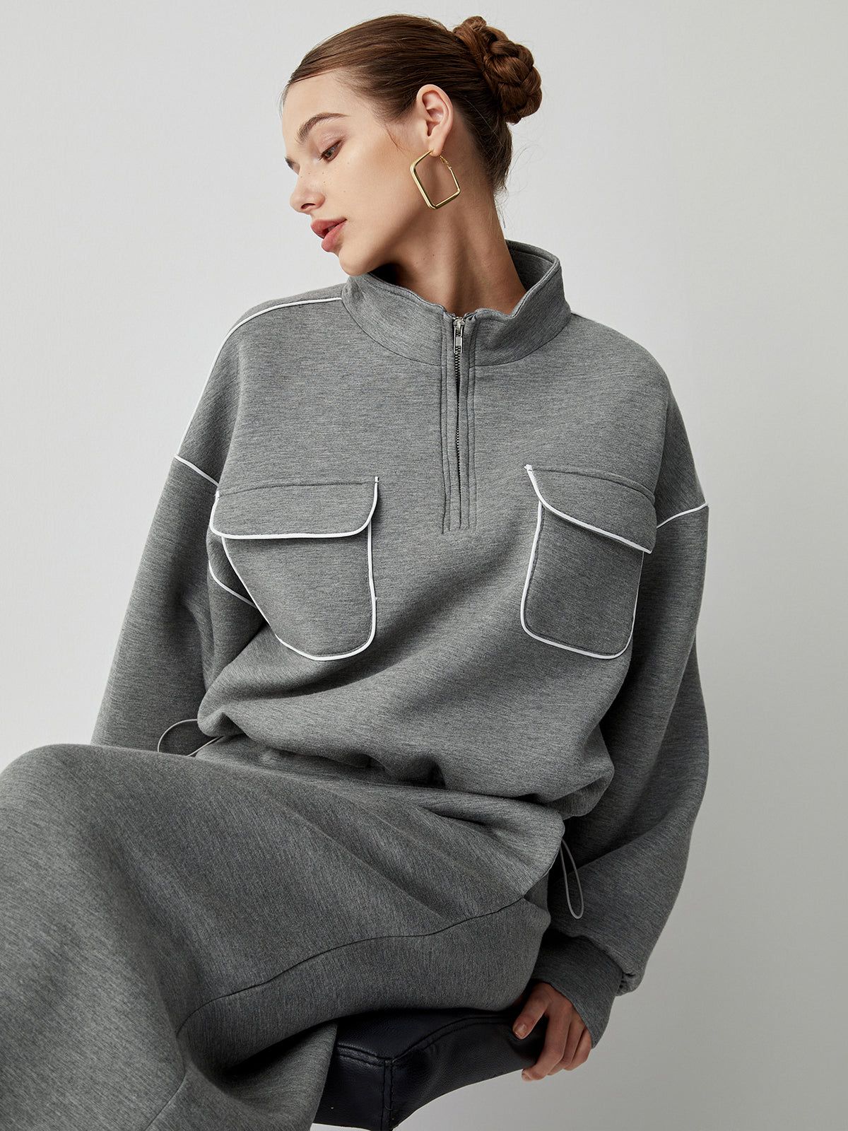 Stand Collar Half Zip Oversized Top With Matching Midi Skirt sold by COMMENSE