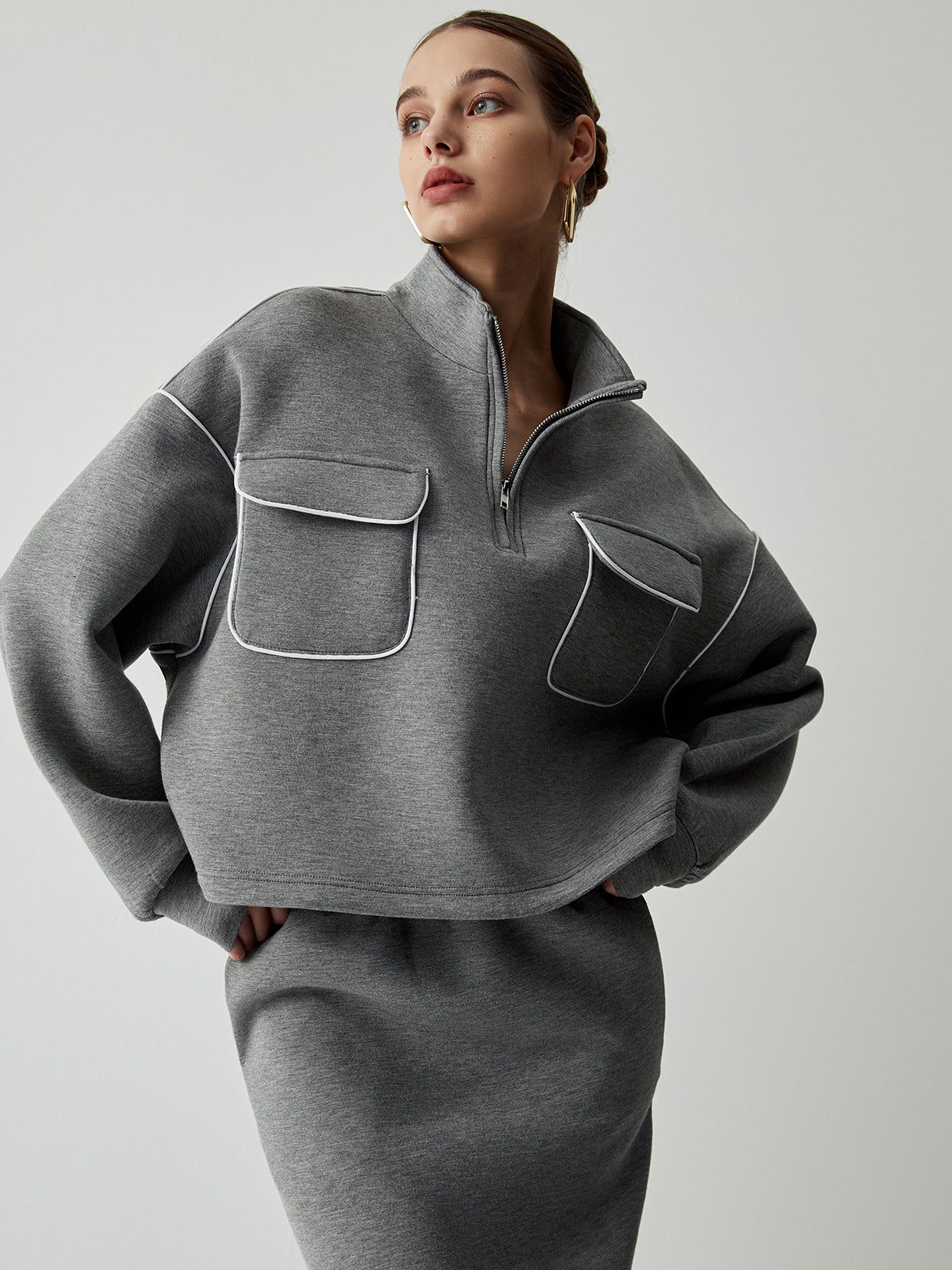 Stand Collar Half Zip Oversized Top With Matching Midi Skirt sold by COMMENSE product image thumbnail 2
