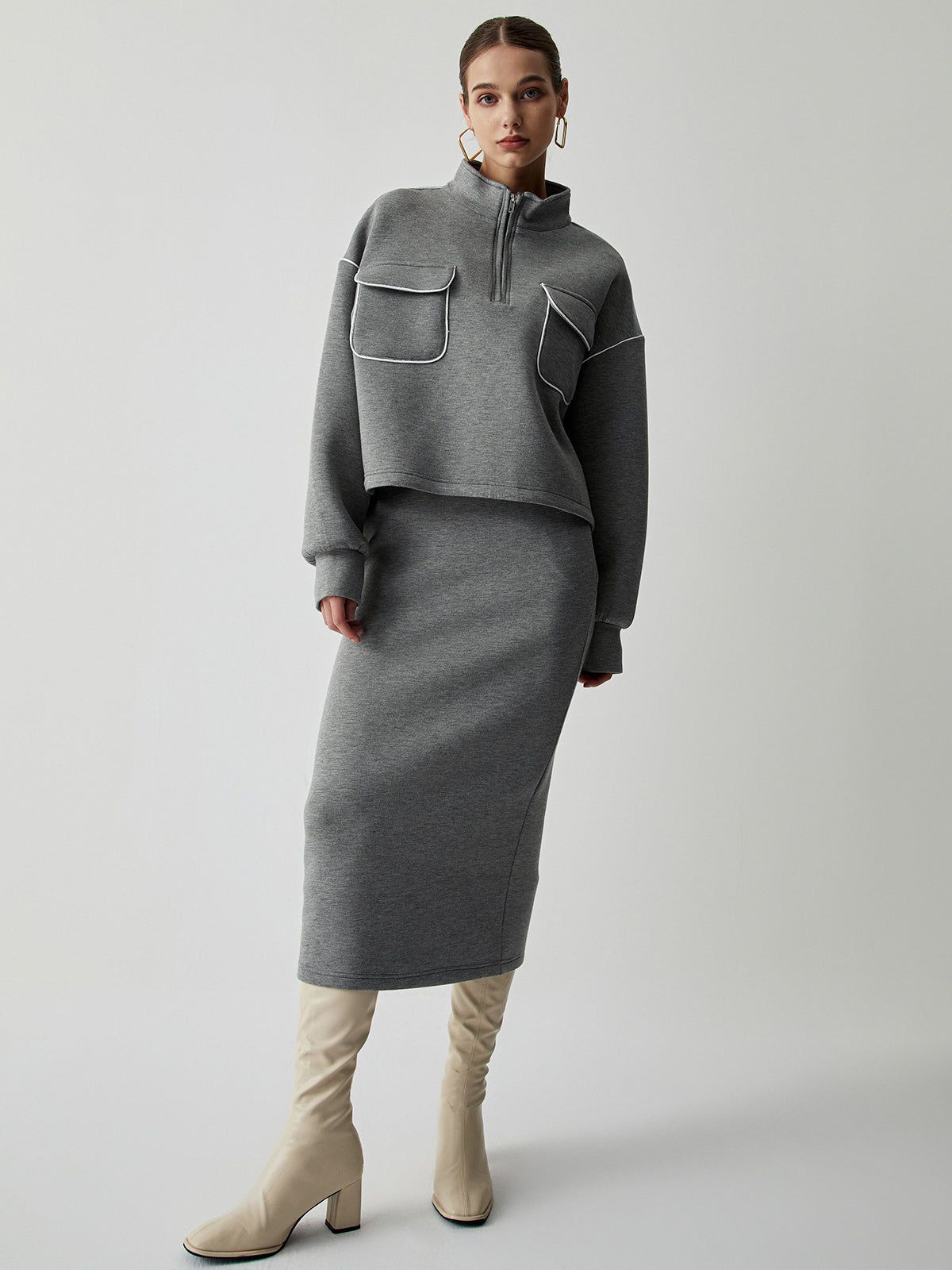 Stand Collar Half Zip Oversized Top With Matching Midi Skirt sold by COMMENSE product image thumbnail 3