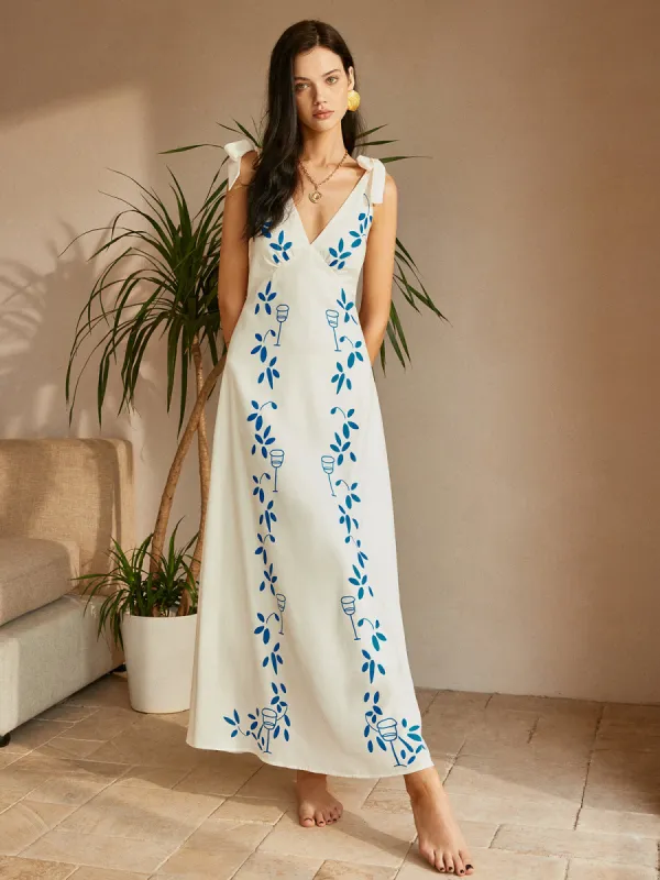 Tie Shoulder Print V-Neck Dress sold by COMMENSE