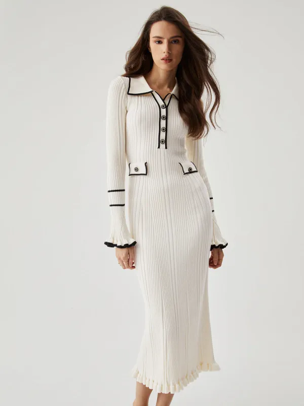 Ruffled Trim Contrast Binding Button-up Collar Midi Sweater Dress sold by COMMENSE