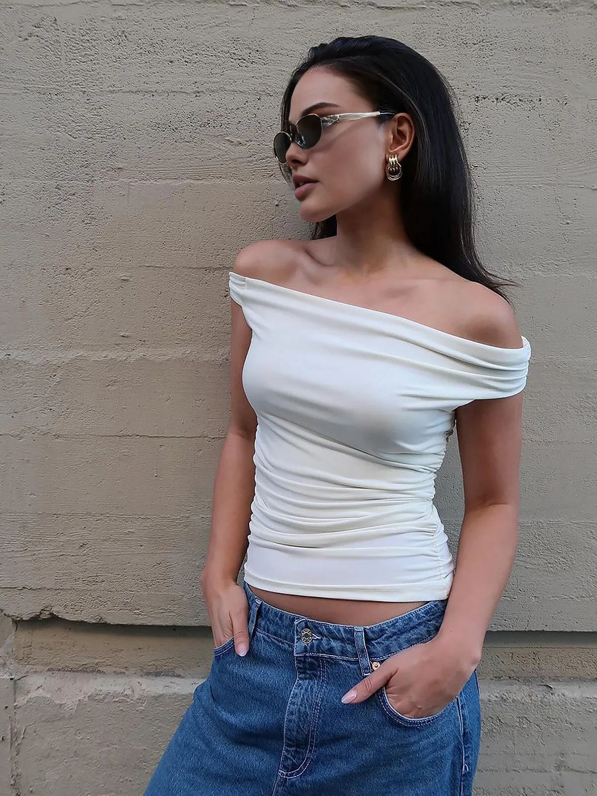 Snug Off-Shoulder Pleated Short Sleeve Top sold by COMMENSE product image thumbnail 5