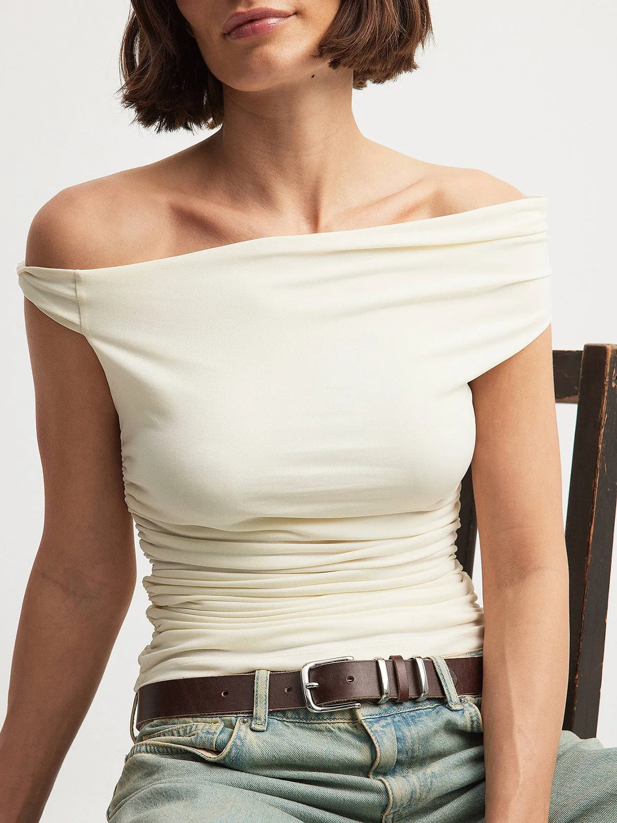 Snug Off-Shoulder Pleated Short Sleeve Top sold by COMMENSE product image thumbnail 3