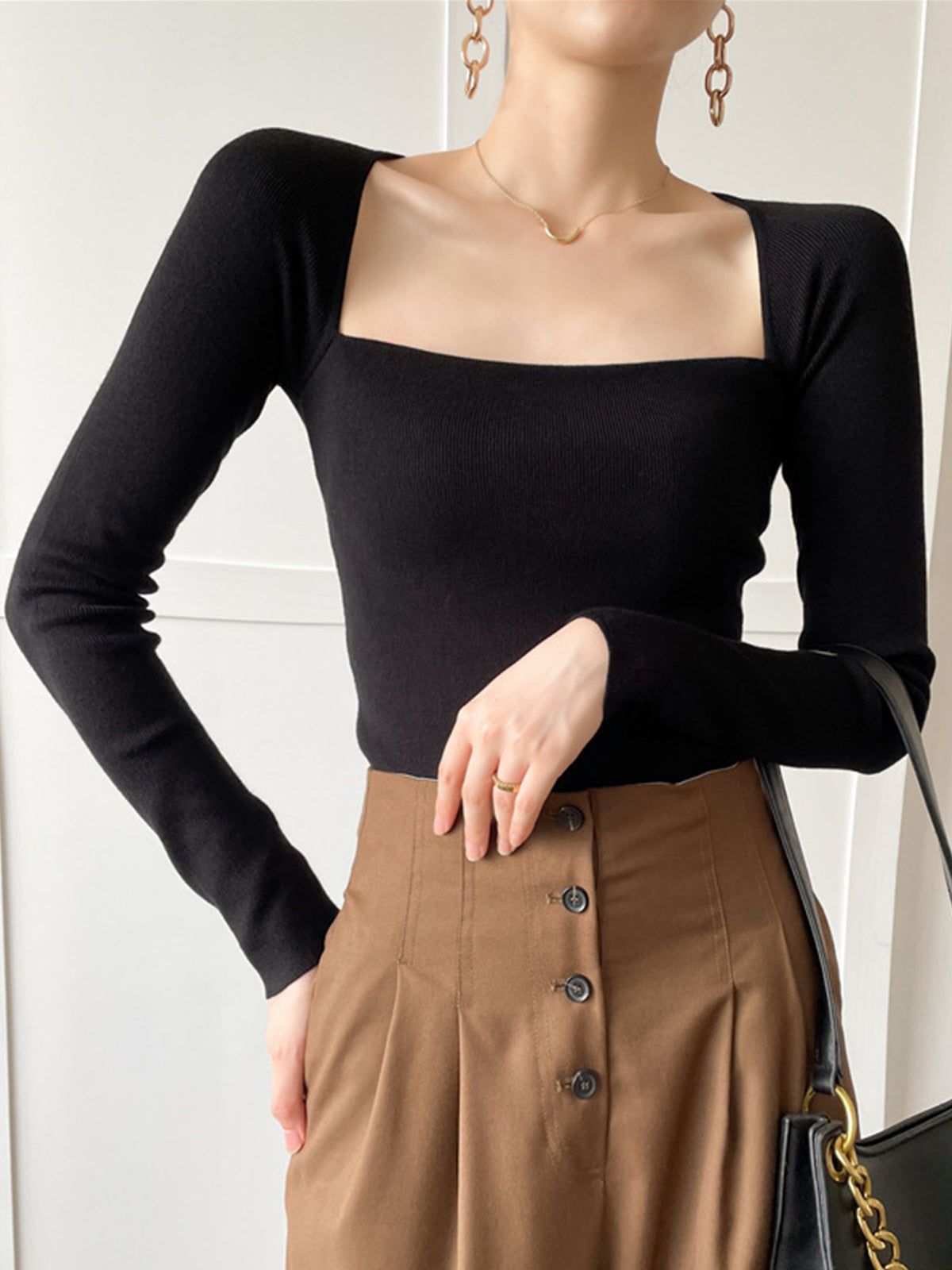 Basic Square Neck Knit Top sold by COMMENSE