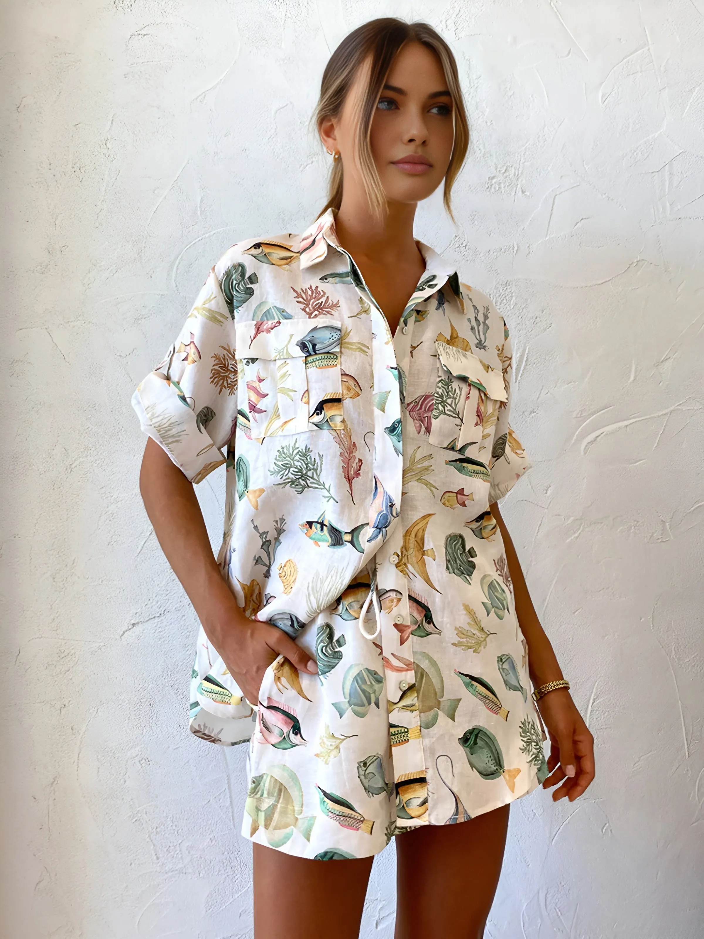 Marine Organism Print Pockets Shorts Set sold by COMMENSE