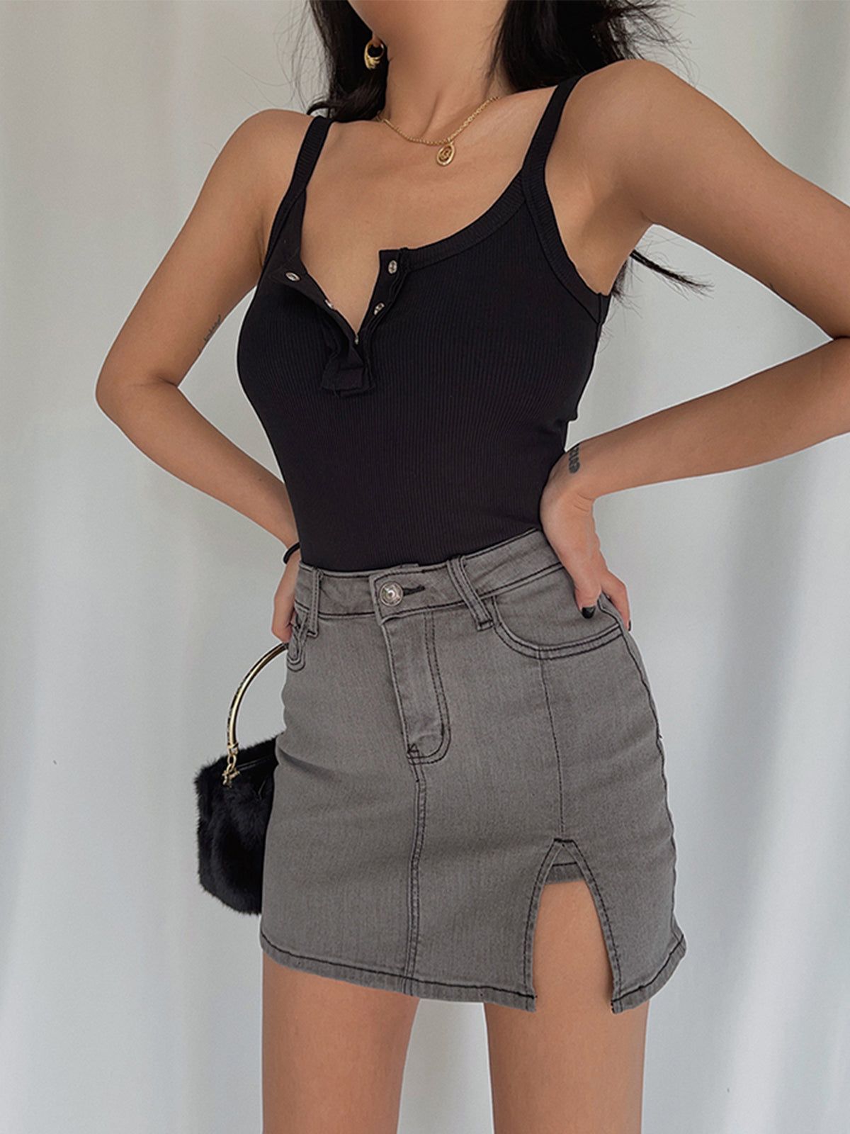 Grey Denim Jean Skirt sold by COMMENSE