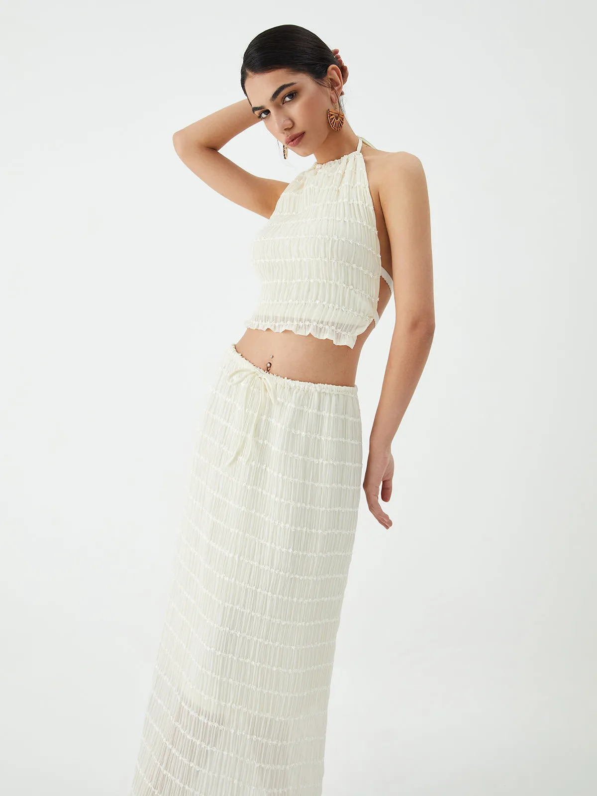 Backless Halter Top With Pleated Maxi Skirt Set sold by COMMENSE product image thumbnail 2