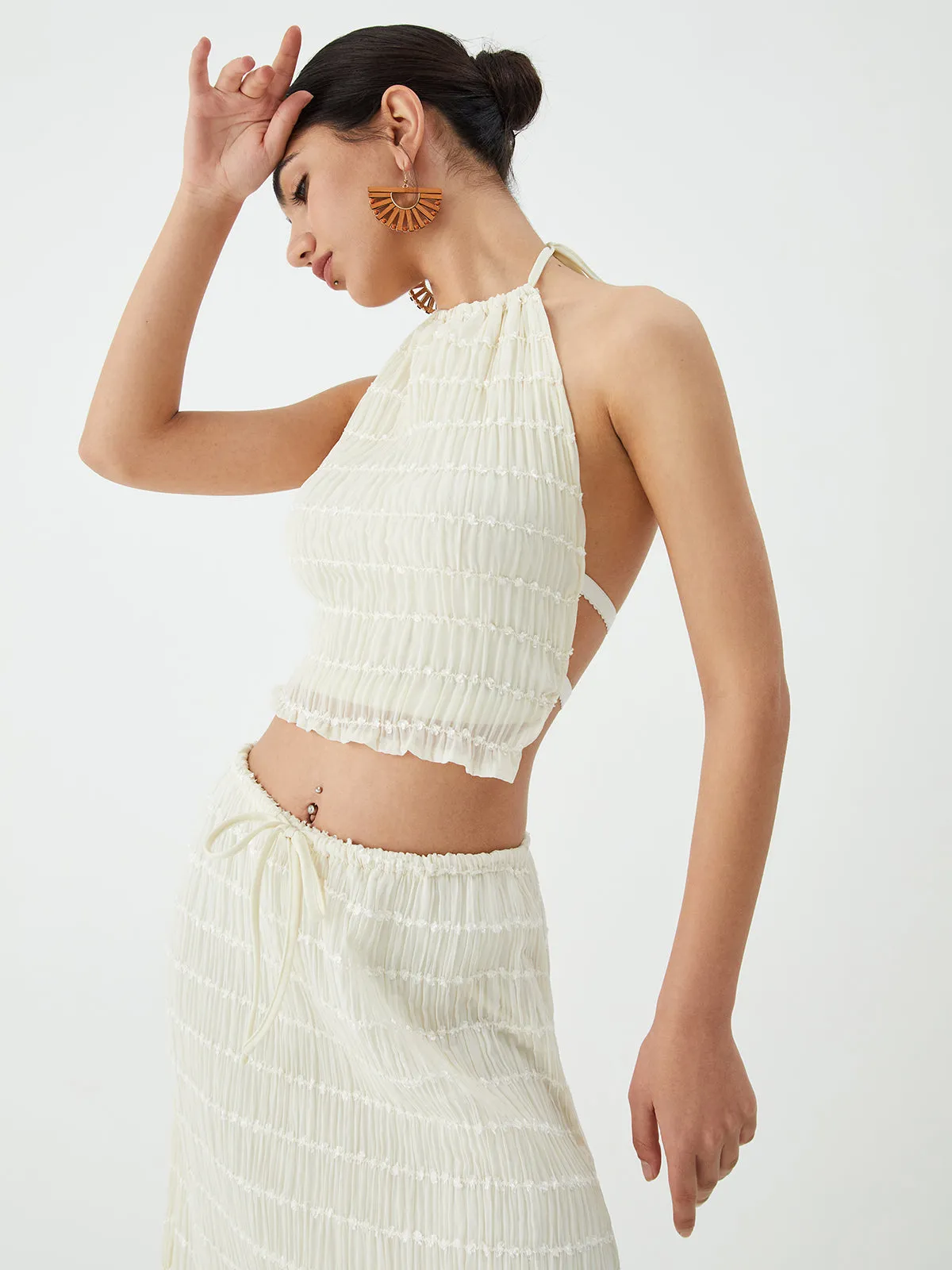 Backless Halter Top With Pleated Maxi Skirt Set sold by COMMENSE product image thumbnail 3