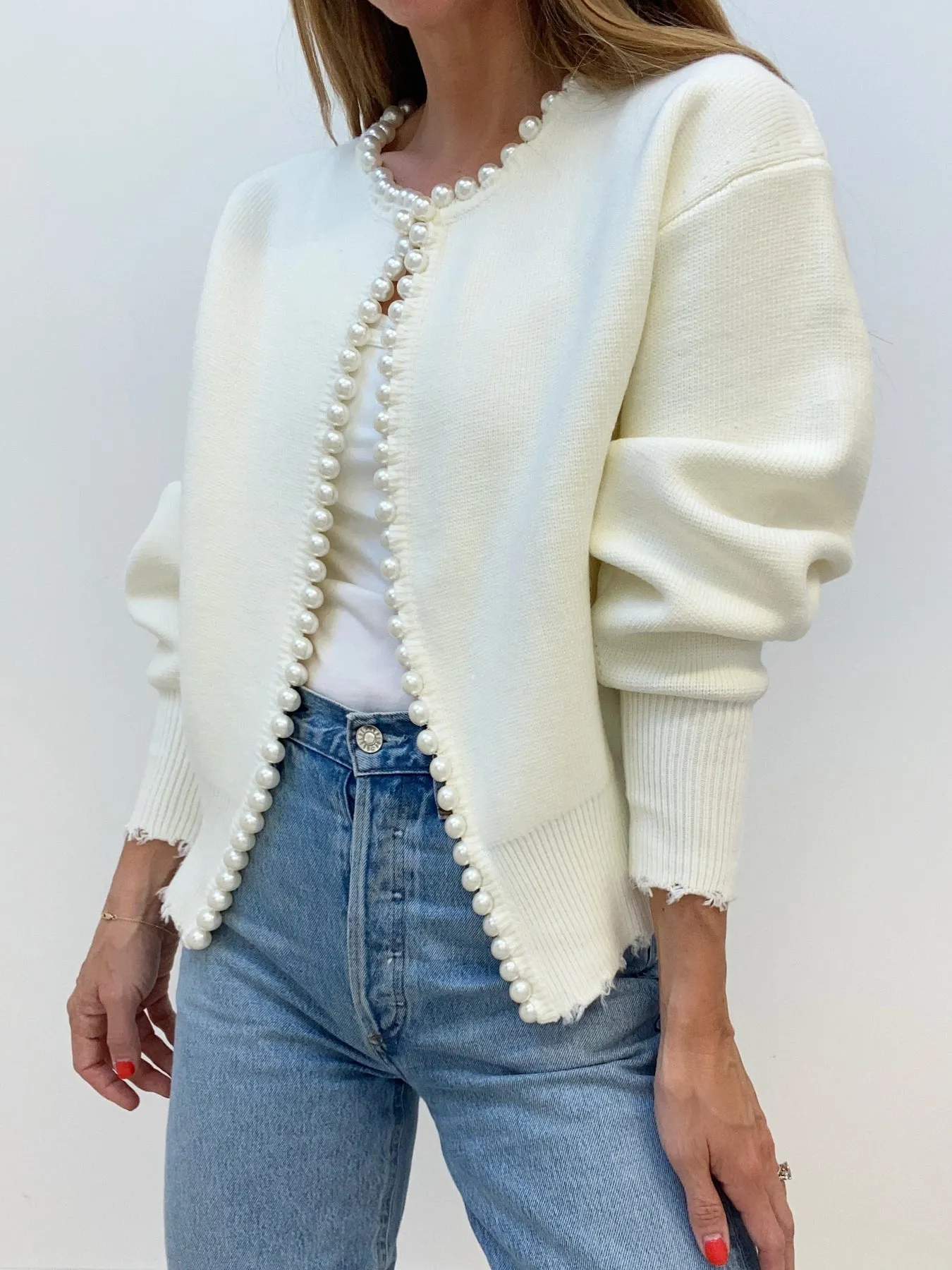 Pearl Trim Ripped Hem Cardigan sold by COMMENSE