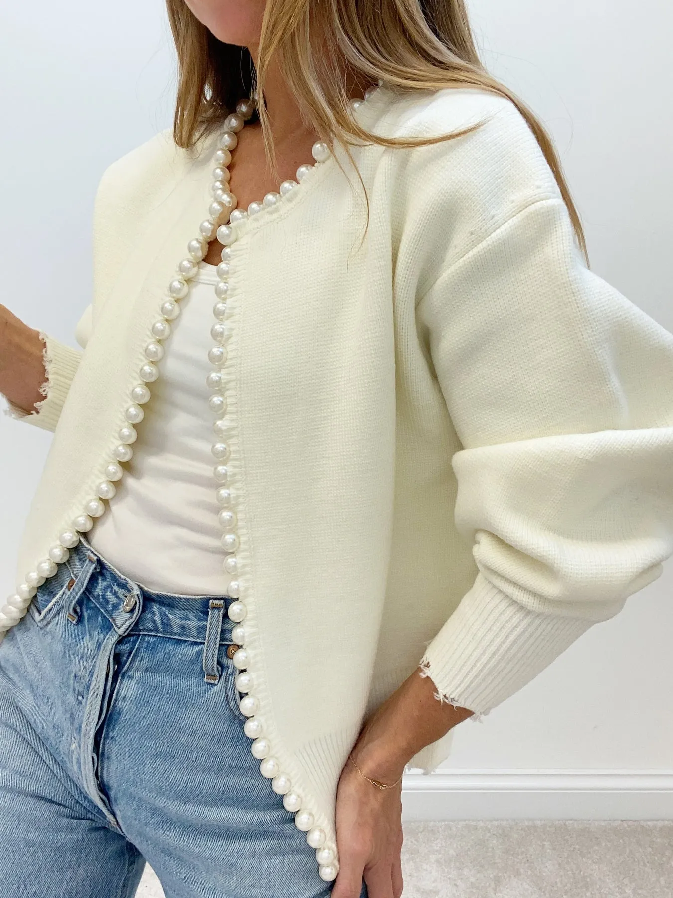Pearl Trim Ripped Hem Cardigan sold by COMMENSE product image thumbnail 2