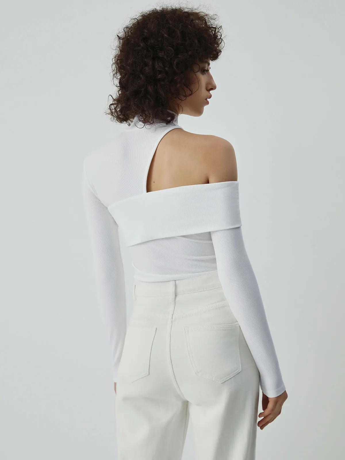 Mock Neck Oblique Cutout Rib Long Sleeve Knit Top sold by COMMENSE product image thumbnail 3