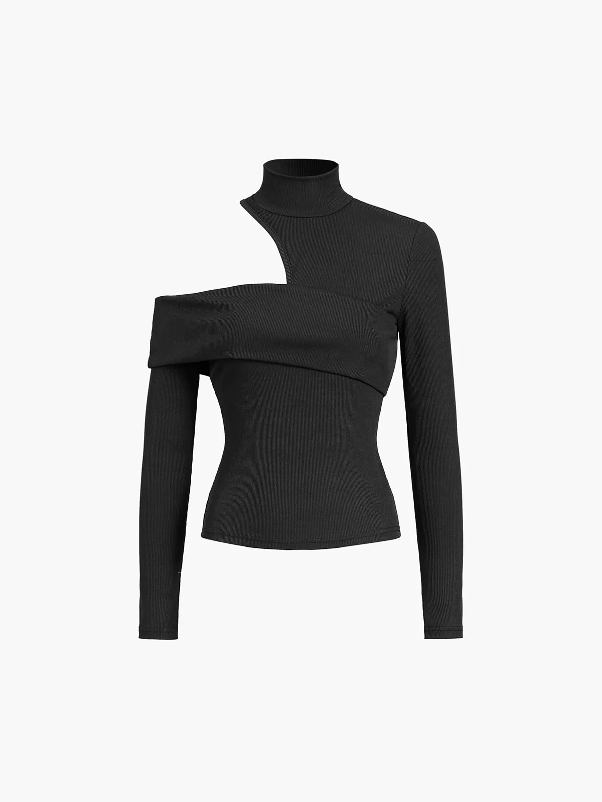 Mock Neck Oblique Cutout Rib Long Sleeve Knit Top sold by COMMENSE product image thumbnail 4