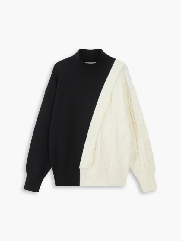 Asymmetric Two Tone Cable Knit Mock Neck Sweater sold by COMMENSE
