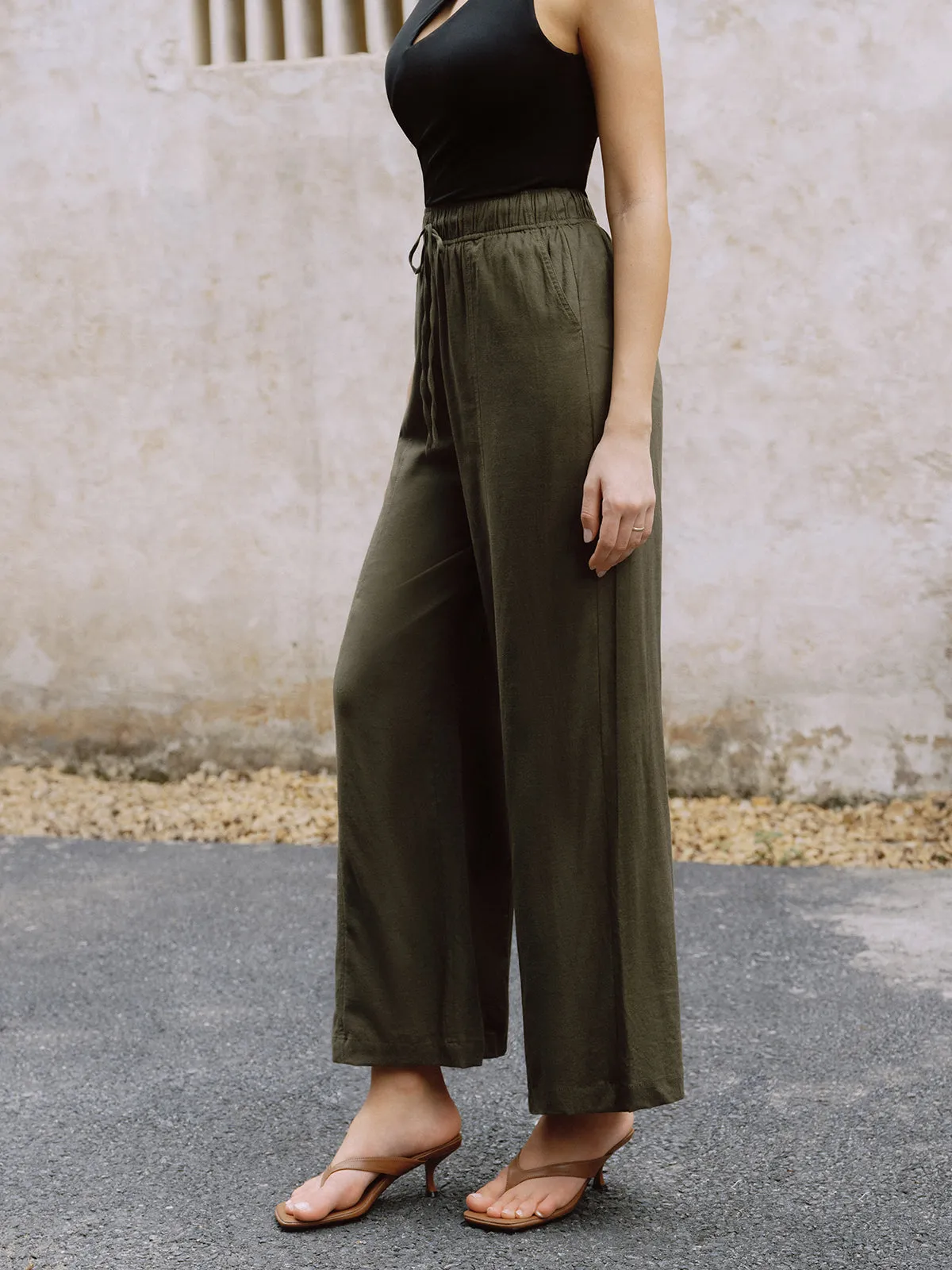 Linen Drawstring Waist Straight Leg Pants sold by COMMENSE product image thumbnail 3