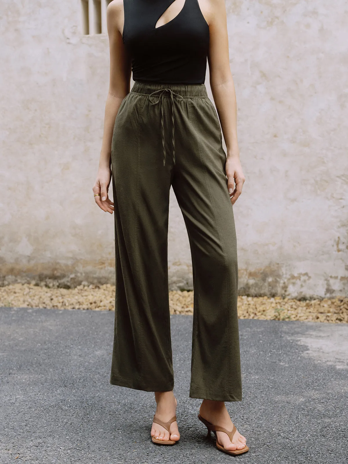 Linen Drawstring Waist Straight Leg Pants sold by COMMENSE