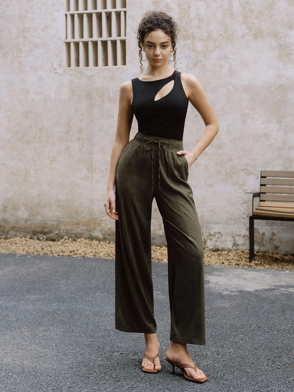 Linen Drawstring Waist Straight Leg Pants sold by COMMENSE product image thumbnail 2