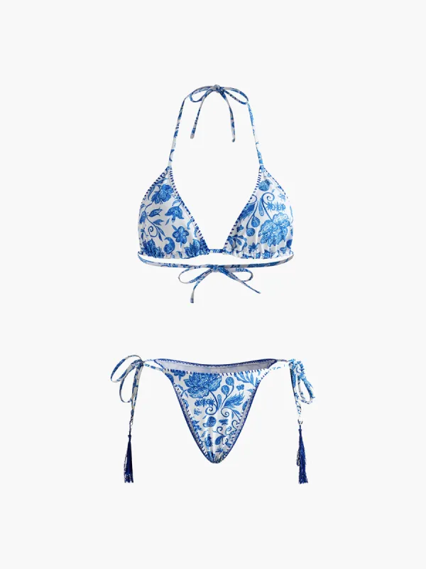 Printed Tassels Adjustable Strap Bikini Set sold by COMMENSE