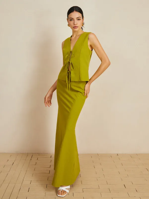 Cotton V-Neck Tie Front Skirt Set sold by COMMENSE